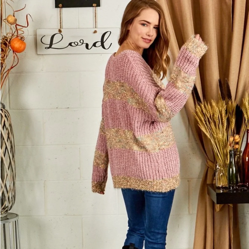 **Last One** Chenille Confetti Soft Knit Sweater, Pink & Gold Metallic Details - Picture 12 of 12